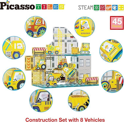 PicassoTiles Magnet Tiles Magnetic Building Blocks with 8 Construction Vehicles Crank Truck Excavator Bulldozer Road Roller Concrete Mixer Tractor Dump Truck Forklift Toys Learning Kids Ages 3+ PTQ11