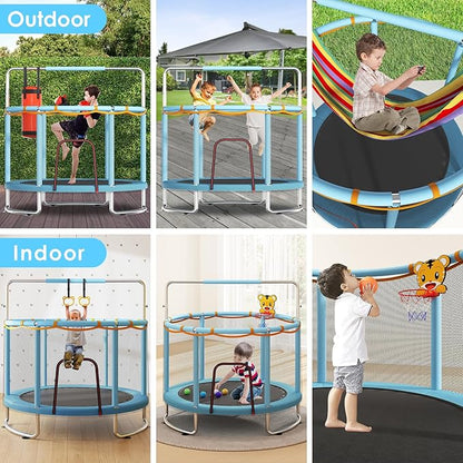 Trampoline for Kids, Upgrade Full Anti-Rust 440lbsToddler Trampoline with Net,Upgraded Ring Legs with Adjustable Gymnastics Bar&Toys, Gifts for Ages 1-8 Boys&Girls