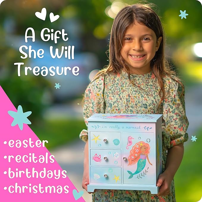 Mermaid Musical Jewelry Box for Girls - Kids Music Box with Drawers, Mermaid Gifts for Girls, Mermaid Jewelry Boxes for Ages 3-10 - 9 x 5 x 9.3 in,