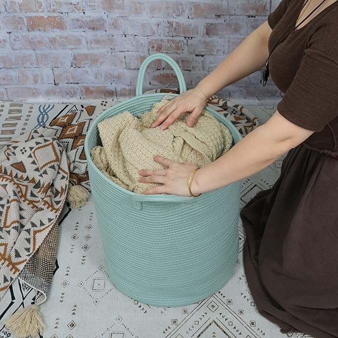 XUANGUO Cotton Rope Laundry Basket Hamper for Clothes Woven Storage Basket for Living Room Bedroom Boho Tall Rope Baskets for Blanket Toys Pillow Towels Baby Nursery Hamper Bin Large light green