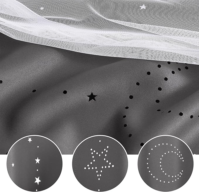 NICETOWN Star and Moon Hollow-Out Curtains for Kids Room, White Voile Overlay Princess with Blackout Curtains 2 Layer Grommet Window Drapes for Baby Bedroom/Halloween, 2 Panels (52W x 63L, Grey)