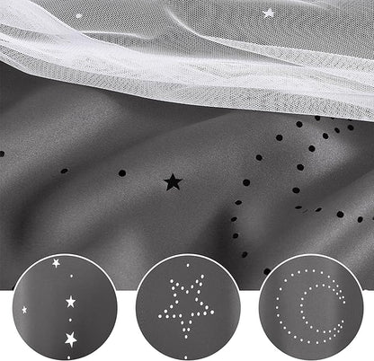 NICETOWN Star and Moon Hollow-Out Curtains for Kids Room, White Voile Overlay Princess with Blackout Curtains 2 Layer Grommet Window Drapes for Baby Bedroom/Halloween, 2 Panels (52W x 63L, Grey)