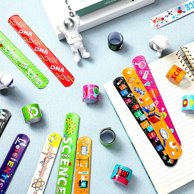 Marsui 48 Pcs Science Slap Bracelets Bulk Snap Bracelets for Science Party Favors Prizes Gifts Decorations Scientist Birthday Party Supplies, 24 Designs