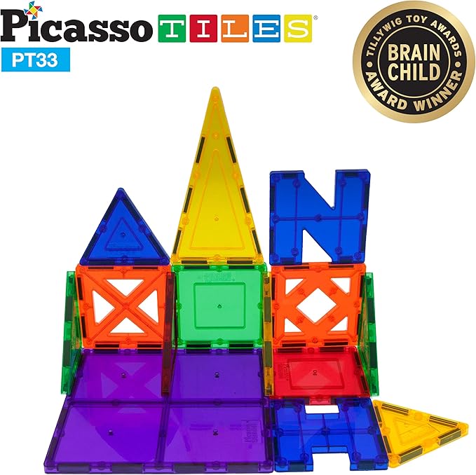 PicassoTiles Educational Set Magnetic Building Tiles with Unique Shapes & Clear Box Tile 3D Magnet Construction Block Different Shapes Connects with Other Figure for Boys & Girls Ages 3+