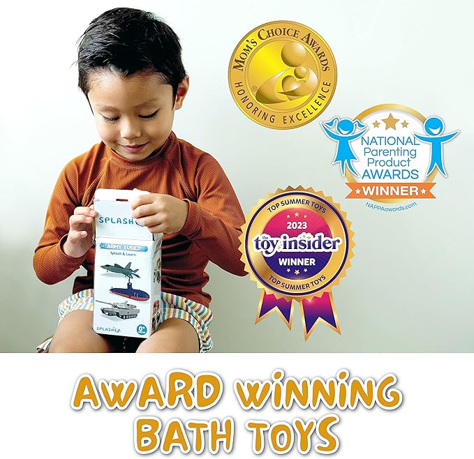 SplashEZ Bath Toys for Kids Ages 4-8, Kids Bath Toys for Boys, Mold Free No Hole Sealed, Soft Durable Army Play Set Submarine Tank Airplane Jet, No Mold for Water Tub & Pool, Ages 0-1-3-4-5-6-8