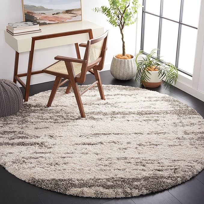 SAFAVIEH Hudson Shag Collection 7' Round Ivory/Grey SGH203A Abstract Non-Shedding Living Room Bedroom Dining Room Entryway Plush 2-inch Thick Area Rug