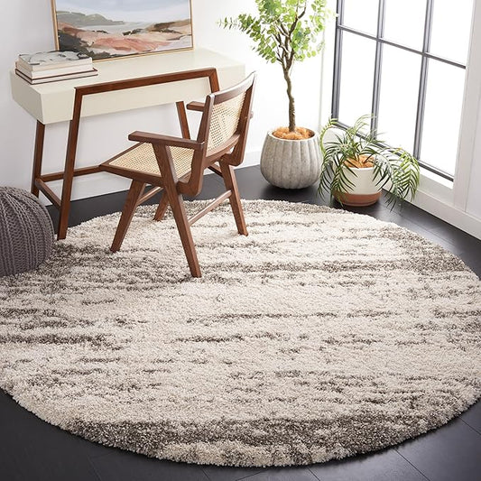 SAFAVIEH Hudson Shag Collection 7' Round Ivory/Grey SGH203A Abstract Non-Shedding Living Room Bedroom Dining Room Entryway Plush 2-inch Thick Area Rug