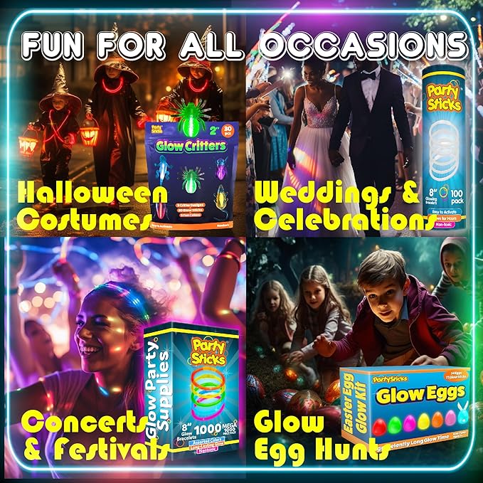 PartySticks Bulk Party Supplies 205 Piece Glow in The Dark 100 Glow Sticks with Eye Glasses, Bracelets, and Connectors