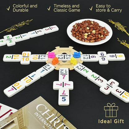 Queensell Mexican Train Dominoes Set with Numbers, Double 12 Dominoes Set for Adults, Mexican Dominoes Train for Adults and Family - Dominos Set 91 Tiles with Aluminum Case (Double 12 Numbers)
