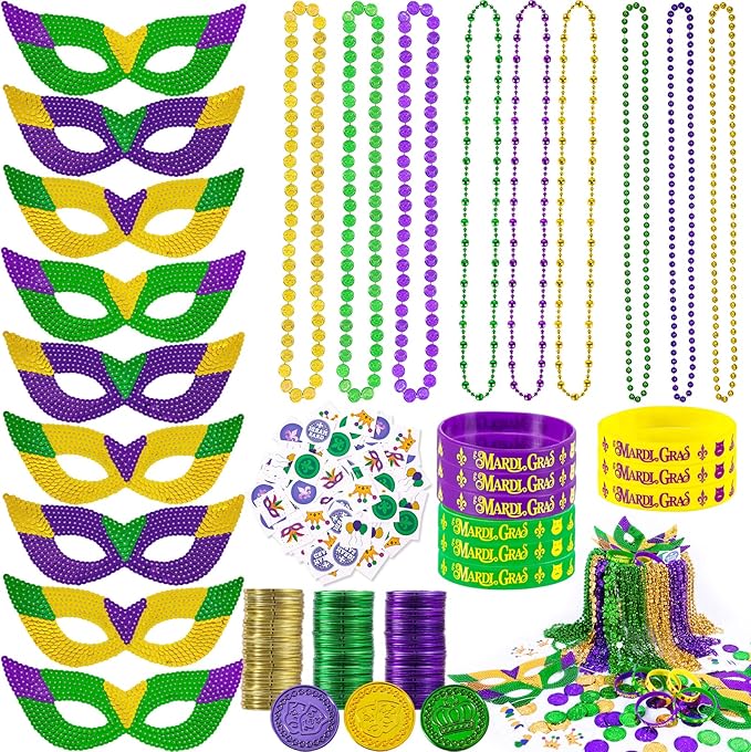 MGparty 216 PCS Mardi Gras Accessories - Masks Beads Necklaces Coins Tattoos Bracelets Carnival Parade Masquerade Party Decorations Supplies