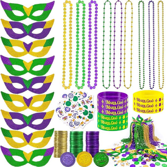 MGparty 216 PCS Mardi Gras Accessories - Masks Beads Necklaces Coins Tattoos Bracelets Carnival Parade Masquerade Party Decorations Supplies