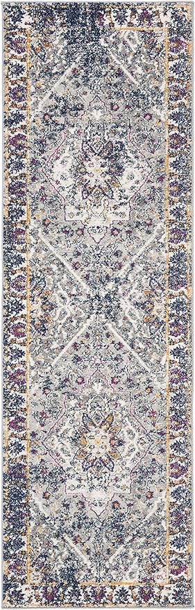 SAFAVIEH Evoke Collection 2'2" x 7' Grey / Navy EVK288N Oriental Medallion Distressed Non-Shedding Living Room Entryway Foyer Hallway Bedroom Runner Rug