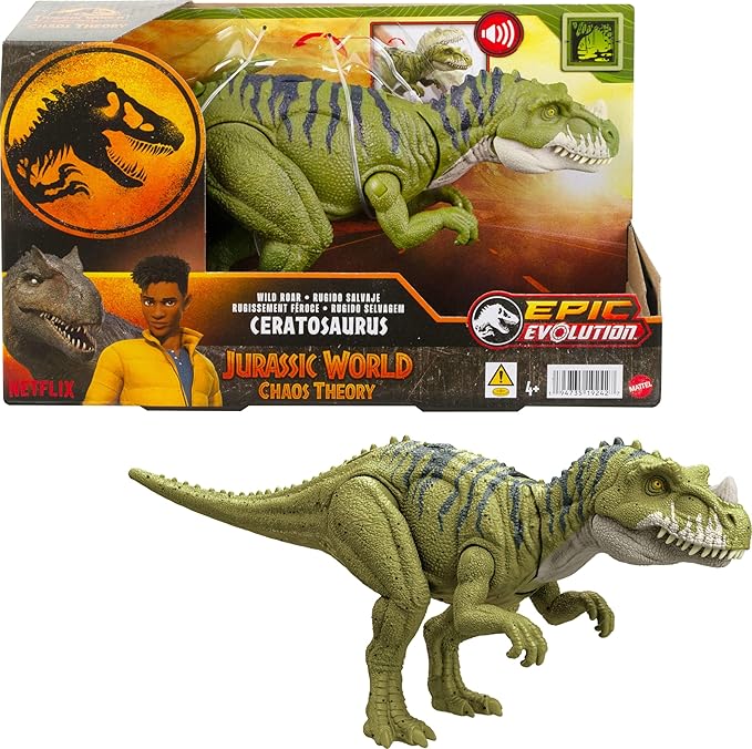 Mattel Jurassic World Wild Roar Dinosaur Action Figure, Ceratosaurus with Continuing Snapping Chomp Attack & Roar Sound, Posable Toy with Digital Play