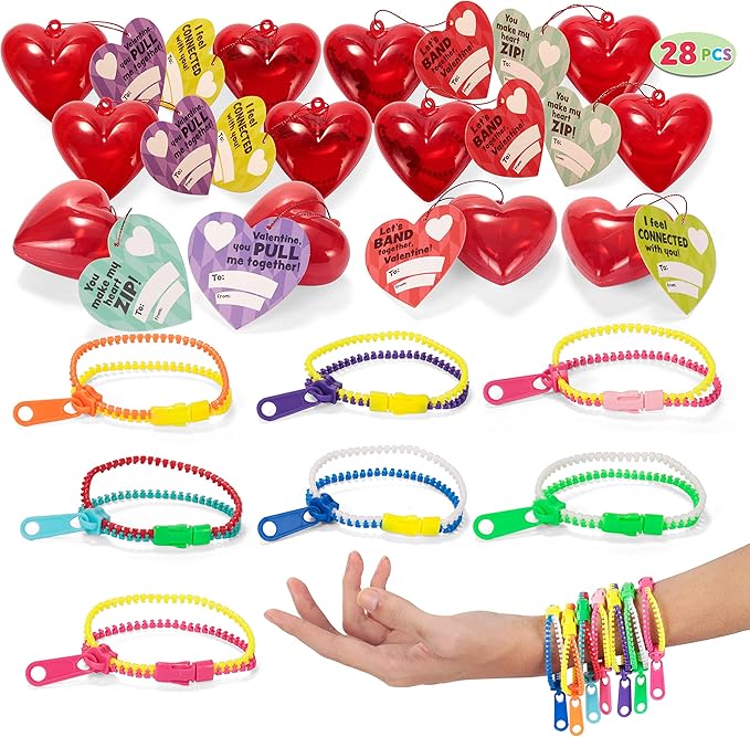 JOYIN 28 Pcs Valentines Day Pre Filled Hearts with Cards Filled with Zipper Bracelets for Kids Classroom Exchange, Cute Toys for Valentine Party Favors, Gift Exchange, Game Prizes