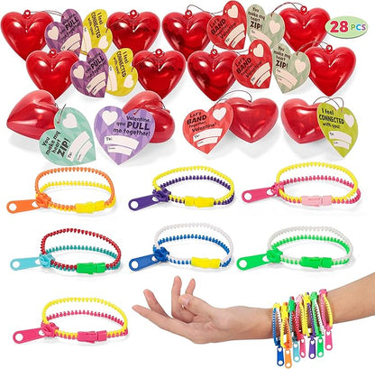 JOYIN 28 Pcs Valentines Day Pre Filled Hearts with Cards Filled with Zipper Bracelets for Kids Classroom Exchange, Cute Toys for Valentine Party Favors, Gift Exchange, Game Prizes