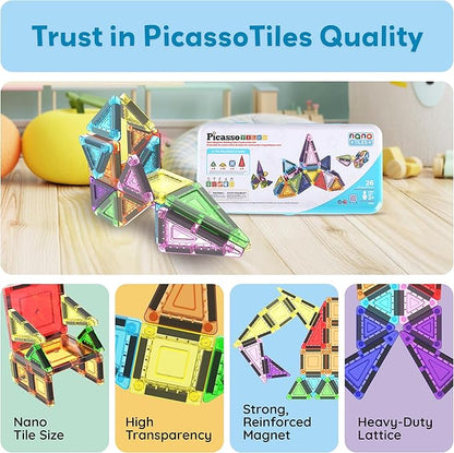 PicassoTiles Nano Tiles Magnetic Building Construction Set with Tin Storage Case Compact Colorful Mini Travel Magnet Tile Playset STEM Educational Learning Classroom Toy Blocks Kids Ages 3+ PN11