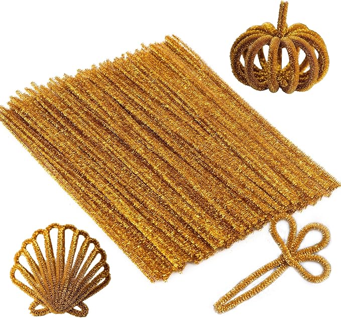 Caydo 200 Pieces Glitter Golden Pipe Cleaners, Thick Fluffy Chenille Stems, Pipe Cleaner Crafts for Arts & Crafts, Perfect for Making Animals, Flowers, and Mother's Day Decorations