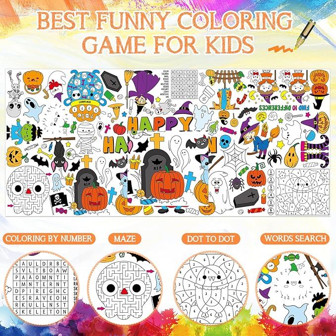Halloween Giant Coloring Poster for Kids 30 x 72 Inch, Large Halloween Crafts Coloring Paper Tablecloth Banner for Kids, Halloween Color-in Activities Party Games Birthday Party Supplies Decorations