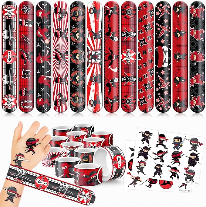 48PCS Ninja Party Favors - 24PCS Tattoos & 24PCS Slap Bracelets - Ninja Birthday Party Supplies, Samurai Baby Shower Decorations, Gifts, Classroom Prizes for Boys & Girls