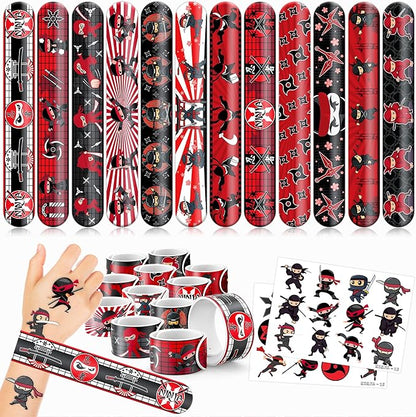 48PCS Ninja Party Favors - 24PCS Tattoos & 24PCS Slap Bracelets - Ninja Birthday Party Supplies, Samurai Baby Shower Decorations, Gifts, Classroom Prizes for Boys & Girls