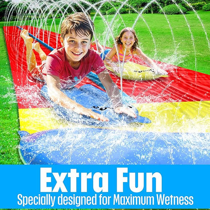 JAMBO 32FT Extra Extra Long Slip Splash and Slide, 2 Bodyboards, Heavy Duty Water Slide with Inflatable Crash Pad, Double Lane Slip Slides, Outdoor Backyard Water Slides n Toys for Kids