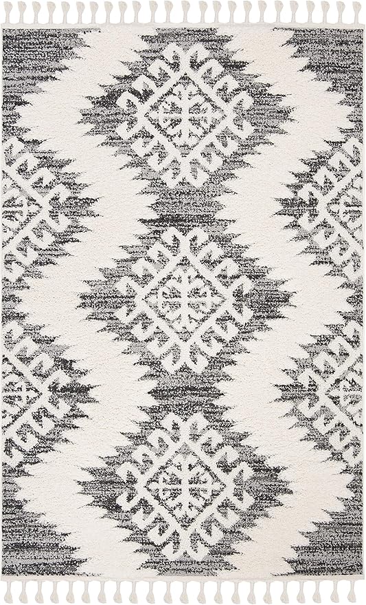 SAFAVIEH Moroccan Tassel Shag Collection Accent Rug - 4' x 6', Ivory & Grey, Boho Design, Non-Shedding & Easy Care, 2-inch Thick Ideal for High Traffic Areas in Foyer, Living Room, Bedroom (MTS652F)
