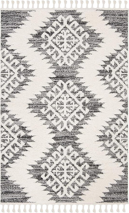 SAFAVIEH Moroccan Tassel Shag Collection Accent Rug - 4' x 6', Ivory & Grey, Boho Design, Non-Shedding & Easy Care, 2-inch Thick Ideal for High Traffic Areas in Foyer, Living Room, Bedroom (MTS652F)