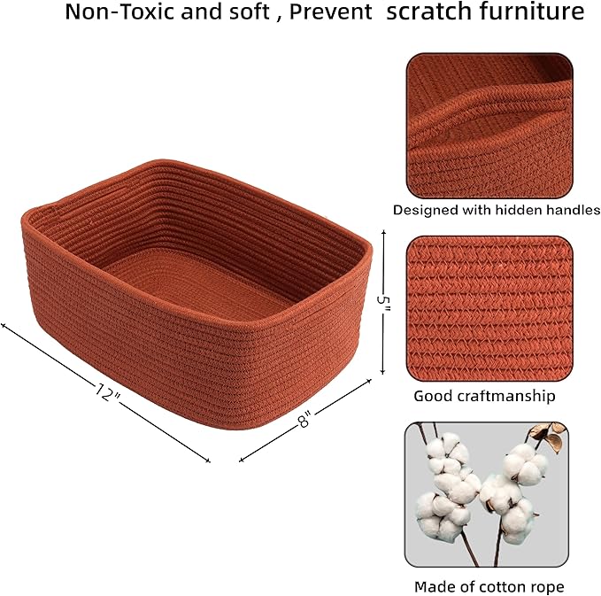 XUANGUO Small Woven Storage Baskets 12“X8”X5“ Decorative Rope Bins for Organizing Shelves, Closets, and Toys, Empty Gift Baskets, Cute Organizer Basket for Home and Office (rustic, regular)