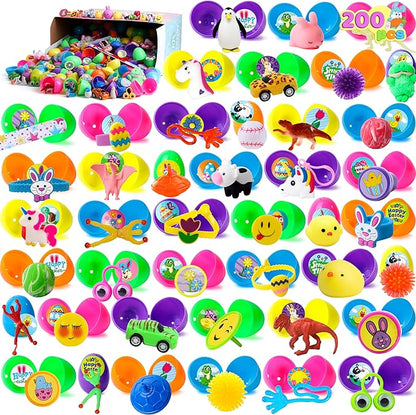 JOYIN 200Pcs Prefilled Easter Eggs with Assorted Toys Plus Stickers Inside, Easter Eggs Filled for Kids, Basket Stuffers, Egg Hunt, Party Favors, Classroom Prize Supplies