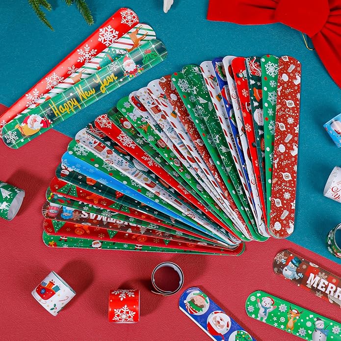 LUYI 60 PCS Christmas Slap Bracelets, Christmas Party Favors Toys for Kids Xmas Slap Wristbands Snap Bracelets Bulk for Christmas Stocking Stuffers Decoration Gifts Bag Filler
