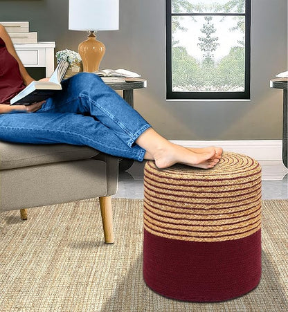 COTTON CRAFT Braided Pouf – Cylindrical Jute Cotton Ottoman Boho Foot Stool - Bedroom Dorm Family Room Accent Seating – Rustic Decorative Round Pouf – 15 Dia x 16 Height - Natural Burgundy