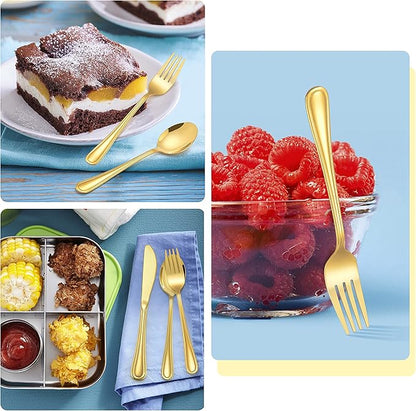 12-Piece Gold Kids Silverware, E-far Stainless Steel Toddler Kids Utensils Safe for Preschooler/Children, Includes 4 Forks 4 Spoons 4 Knife, Slimline Look & Small Size, Healthy & Rust Free