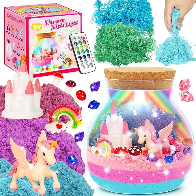Unicorn Light-Up Terrarium Kit for Kids - LED Night Light Birthday Gift for Girls Ages 5 6 7 8 9 10 11 12 Year Old - Unicorn DIY Arts and Crafts Kit for Kids - Best Christmas Gifts for Girls