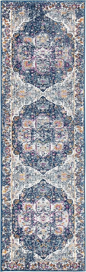 SAFAVIEH Evoke Collection 2'2" x 7' Navy / Grey EVK275N Oriental Medallion Distressed Non-Shedding Living Room Entryway Foyer Hallway Bedroom Runner Rug