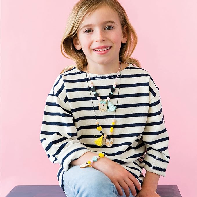 Petit Collage Animal Glam Wood Jewelry Set Craft Kit– Activity Set to Make Charm Bracelets and Necklaces for Women – Creative Toys for Ages 6+ – Ideal Crafts for Kids