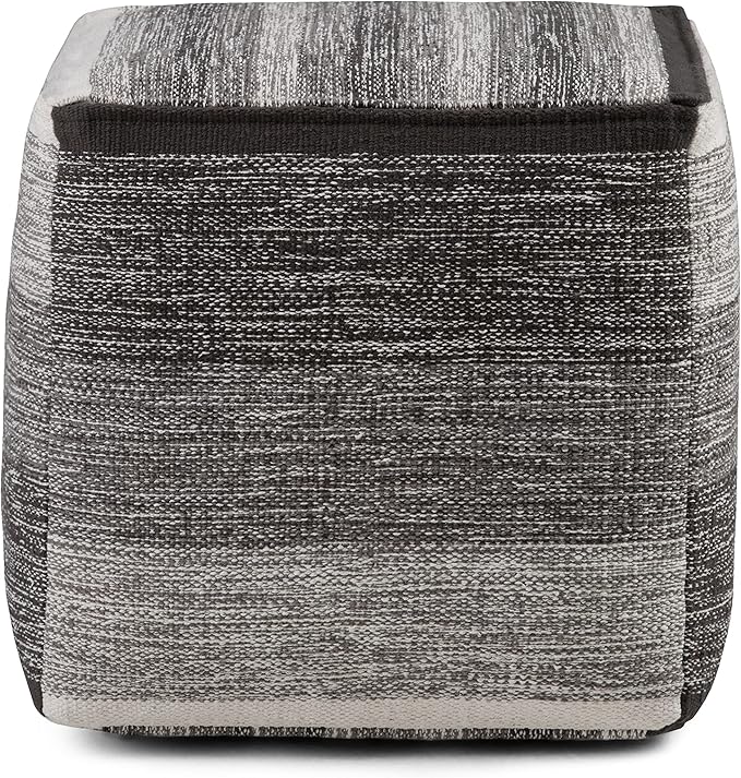 SIMPLIHOME Naya 16 Inch Boho Cube Pouf in Patterned Grey Melange Cotton, For the Living Room, Bedroom and Kids Room