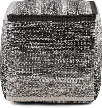 SIMPLIHOME Naya 16 Inch Boho Cube Pouf in Patterned Grey Melange Cotton, For the Living Room, Bedroom and Kids Room