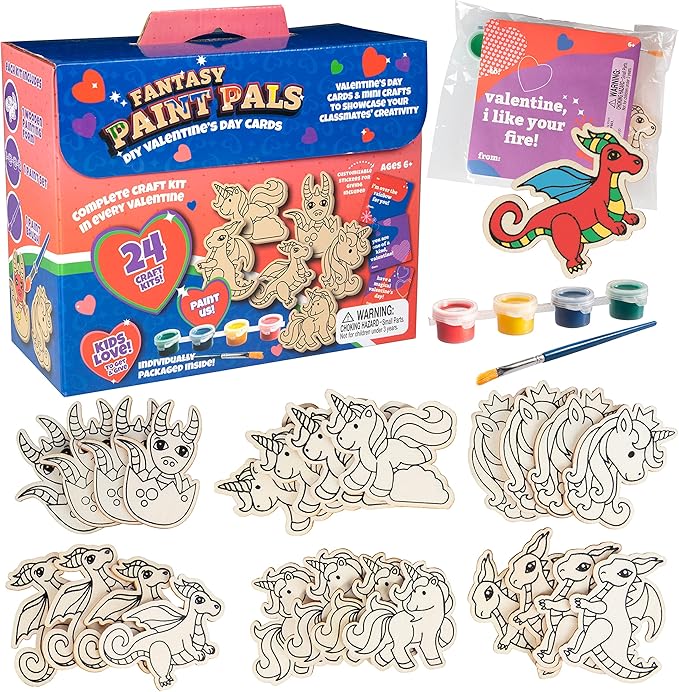 Set of 24 Valentines Cards for Kids Classroom - Valentine's Day Unicorn &Dragon Wood Painting Kits for Kids School -Each Valentines Gift Has Complete Craft Kit & Card for Boys Girls Classroom Exchange