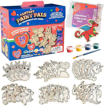 Set of 24 Valentines Cards for Kids Classroom - Valentine's Day Unicorn &Dragon Wood Painting Kits for Kids School -Each Valentines Gift Has Complete Craft Kit & Card for Boys Girls Classroom Exchange