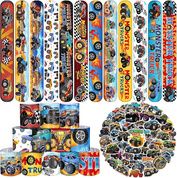 Monster Truck Party Favors, 24 Pcs Monster Truck Slap Bracelets 50 Pcs Monster Truck Stickers Monster Truck Birthday Party Decorations Supplies Gifts for Kids Boys Classroom Rewards