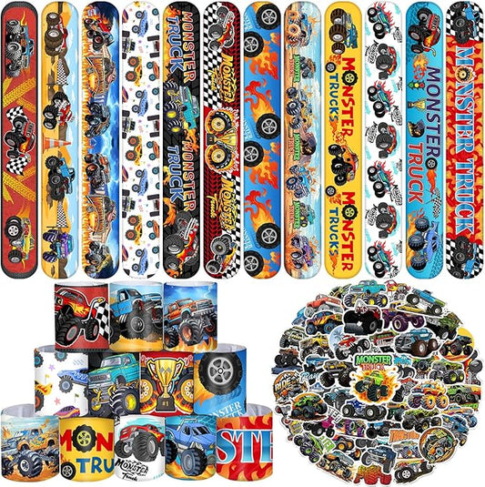Monster Truck Party Favors, 24 Pcs Monster Truck Slap Bracelets 50 Pcs Monster Truck Stickers Monster Truck Birthday Party Decorations Supplies Gifts for Kids Boys Classroom Rewards