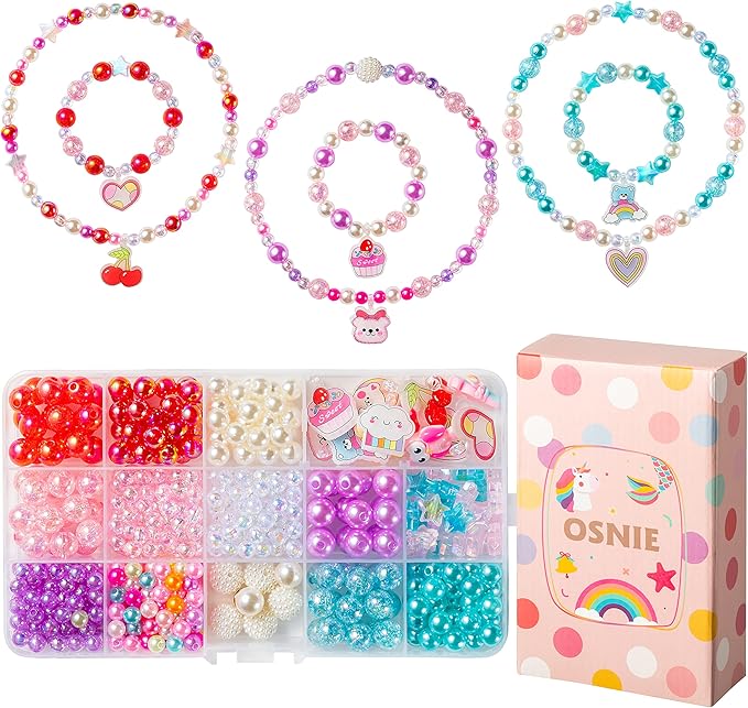 OSNIE Valentin's Day Acrylic DIY Bead - Jewelry Making Kit with 400+ Beads & Charms, Heart Cherry Cupcake Cloud Pendants Creative Children Bracelets Necklaces Rings DIY Making Art Craft Bead Kit
