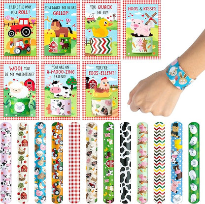 Haooryx Valentine's Exchange Gifts Bulk - 28 Pack Valentine's Day Farm Animal Slap Bracelets Inspired Greeting Cards Student Prize Activity Farmland Classroom School Kids' Multi-Item Party Favor Packs