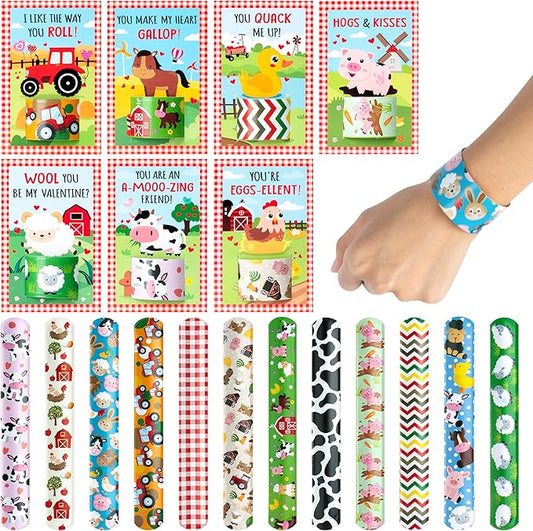 Haooryx Valentine's Exchange Gifts Bulk - 28 Pack Valentine's Day Farm Animal Slap Bracelets Inspired Greeting Cards Student Prize Activity Farmland Classroom School Kids' Multi-Item Party Favor Packs