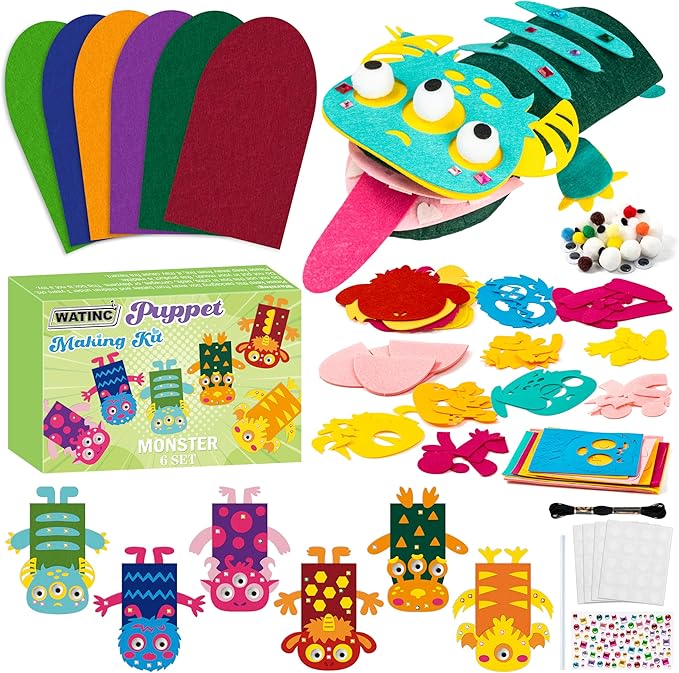 WATINC 6Pcs Hand Puppet Making Kit, Art Craft Felt Sock Puppet Toys, Creative DIY Make Your Own Pompoms Wiggle Googly Eyes Storytelling Role Play Party Supplies Gift for Girls Boys(Monster A)