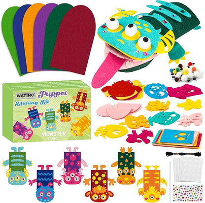 WATINC 6Pcs Hand Puppet Making Kit, Art Craft Felt Sock Puppet Toys, Creative DIY Make Your Own Pompoms Wiggle Googly Eyes Storytelling Role Play Party Supplies Gift for Girls Boys(Monster A)
