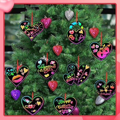 FEBSNOW Valentines Crafts for Kids, 48 PCS Heart Rainbow Magic Scratch Art Valentines Day Cards for Kids Classroom Scratch Paper Art for Valentines Day Gifts Party Favors witn Heart Stickers