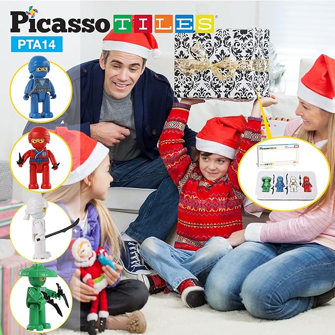 Picasso Toys Magnetic Figures 4 Piece Ninja Character Action Building Block Tiles Toddler Toy Set Magnet Expansion Pack Ages 3 and up Educational STEM Learning Kit Pretend Playset Construction PTA14