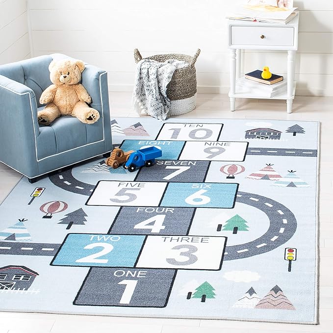 SAFAVIEH Kids Playhouse Collection Area Rug - 5'5" x 7'7", Grey & Blue, Non-Shedding Machine Washable & Slip Resistant Ideal for High Traffic Areas for Boys & Girls in Playroom, Bedroom (KPH226F)
