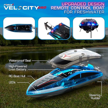 Force1 Velocity Pro LED RC Boat- Remote Control Boats for Adults and Kids, Underwater Speed Racing Mini RC Toy for Pools and Lakes, LEDs, 2.4GHZ Transmitter, Rechargeable Batteries, Low Battery Alert